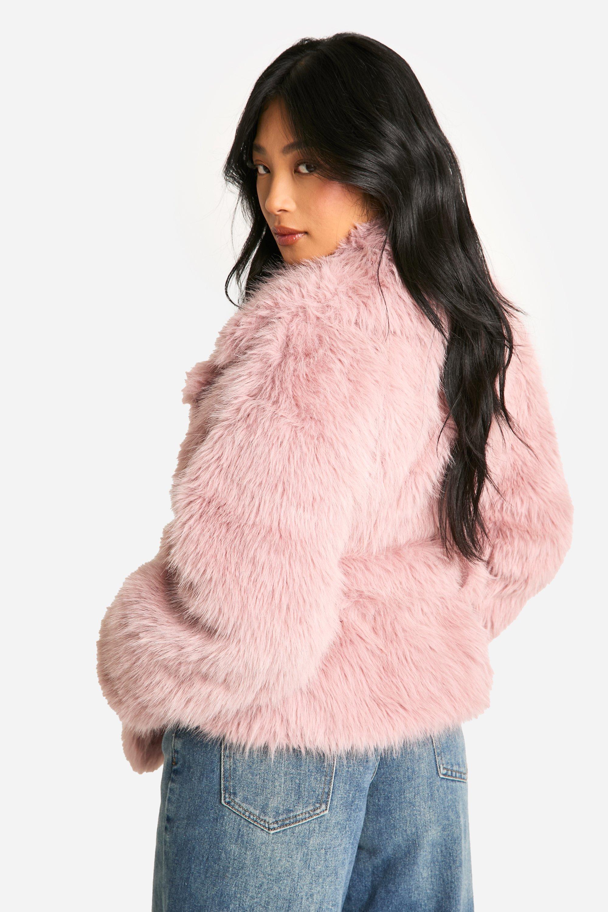 boohoo Women s Petite Belted Faux Fur Jacket Pink Casual Jackets